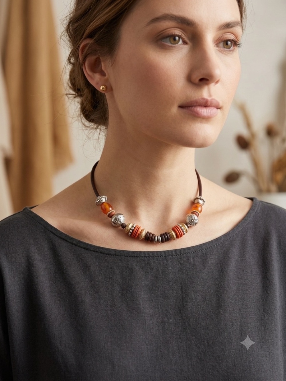 Chicos Necklace Boho Beaded Brown Cord Earth Tones Gemstone Statement